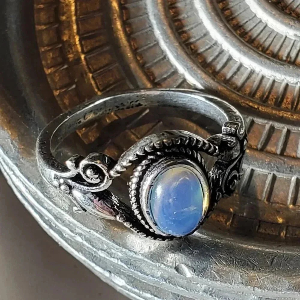 Artisan India Opalite 925 Sterling Silver Plated Gemstone Ring Size 8